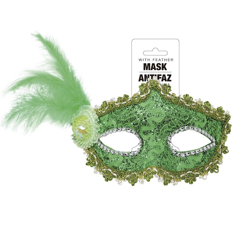 Antifaz verde con pluma Packaging