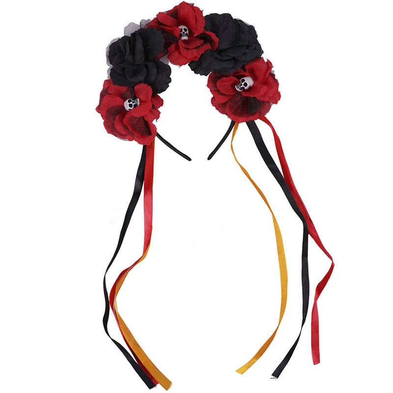 Diadema día de los muertos con flores negras y rojas Packaging