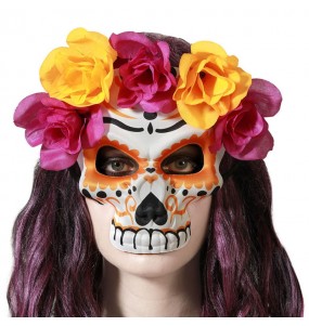 Catrina Maske mit orangen und lila Blumen zur Vervollständigung Ihres Horrorkostüms