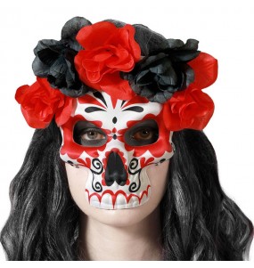 Catrina Skelett Maske mit roten und schwarzen Blumen zur Vervollständigung Ihres Horrorkostüms